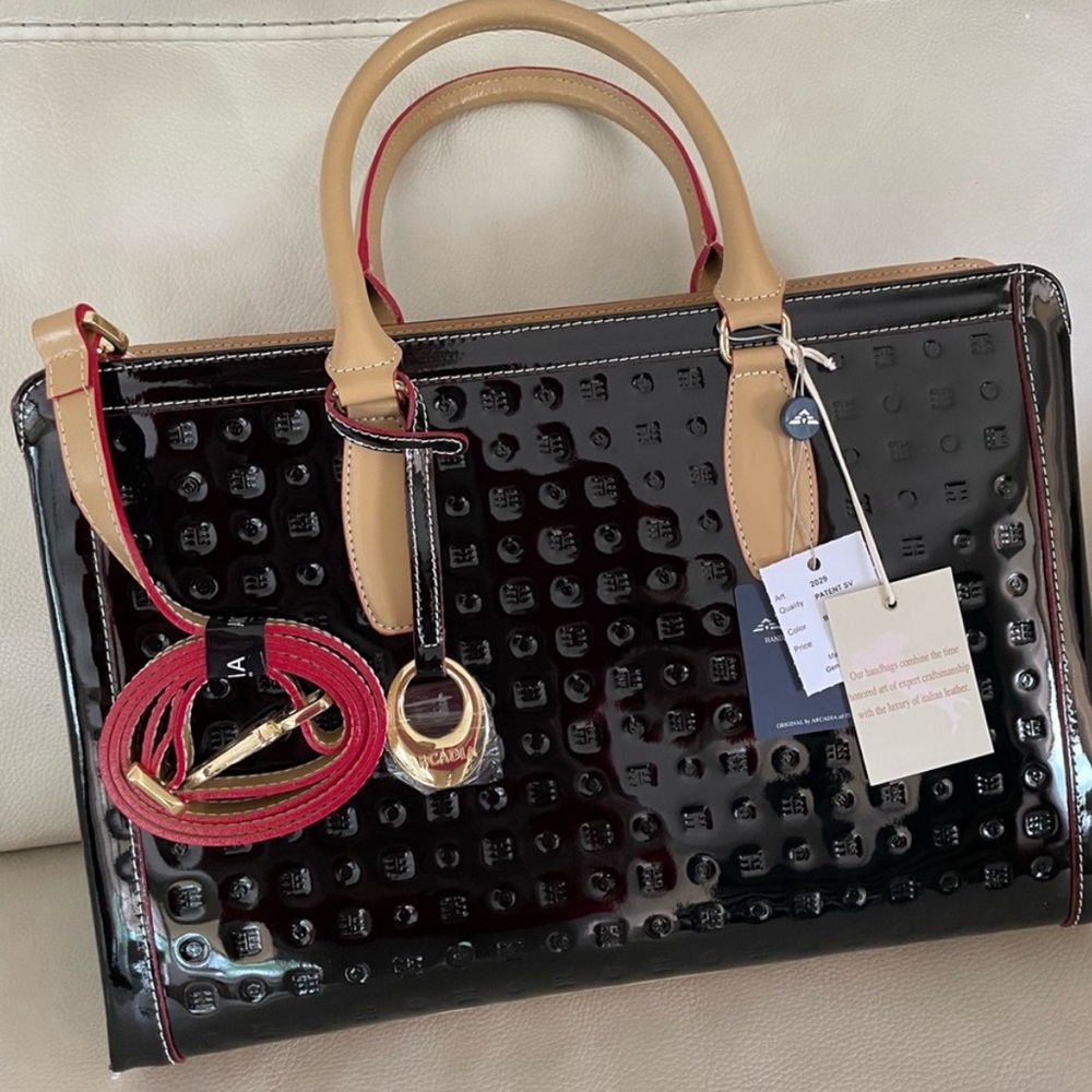 ARCADIA Italian Leather BLACK with Tan embossed shoulder bag, handbag, tote NWT